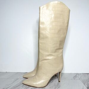 Schutz Maryana Eggshell Crocodile Embossed Leather Tall Heeled Boot 10B